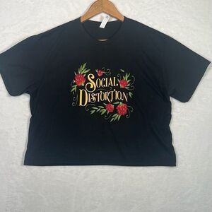 Social Distortion concert release black floral women‎ crop top T-shirt women Med